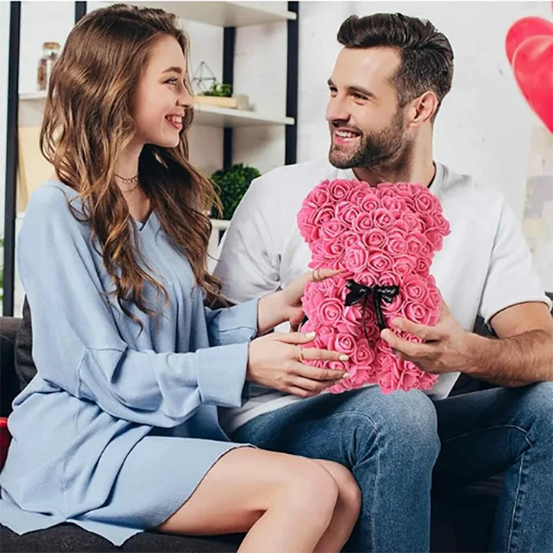25cm Artificial Teddy Rose Flower Bear with Box Romantic Valentines Day Gift Girlfriend Women Anniversary Wedding Party Suppl
