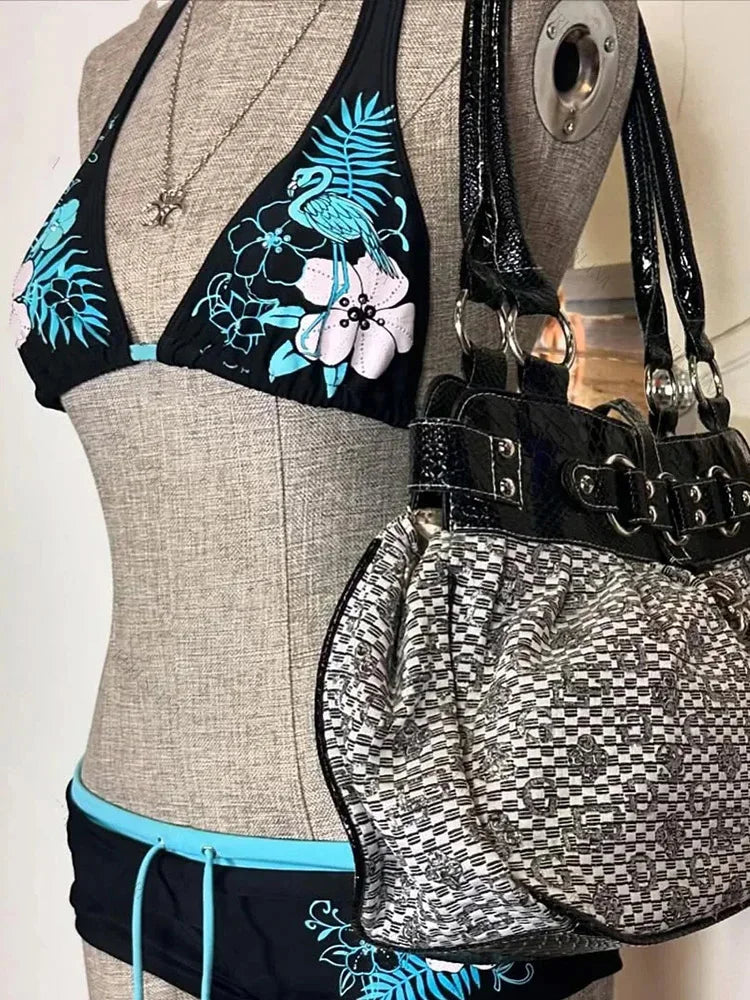 Vintage Flower print Cutie set Bikini 2000s Swimsuit Sexy Women Bathing Fashion Halter Strap Swimwear High Street Beach Femal