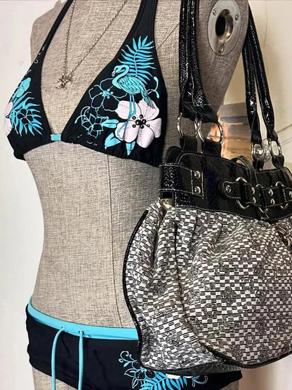 Vintage Flower print Cutie set Bikini 2000s Swimsuit Sexy Women Bathing Fashion Halter Strap Swimwear High Street Beach Femal