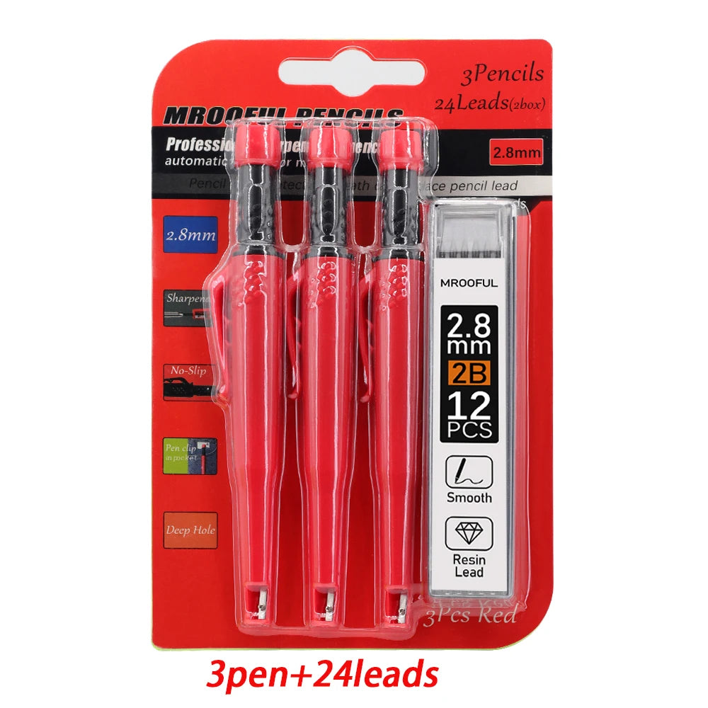 Carpenter's Pencil Card Set, Deep Hole Marking And Drawing, With 2.8mm 2Box Leads, For Carpenter Woodworking Architect - red 
