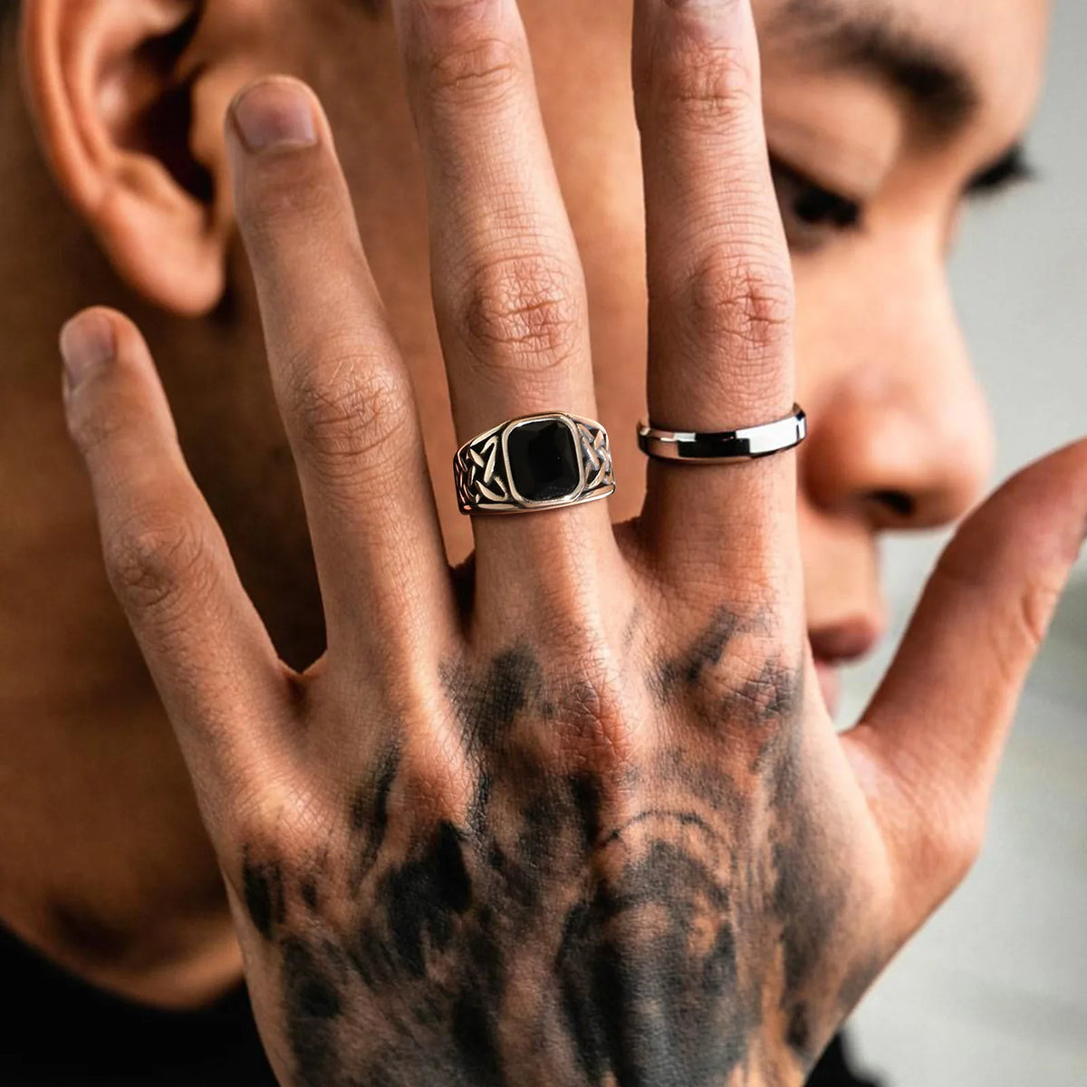 Punk Vintage Ethnic Rings for Men, Retro Viking Knot Rune Finger Band, Black Geometric Square Stone Signet Ring Jewelry - RC-