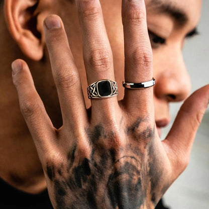 Punk Vintage Ethnic Rings for Men, Retro Viking Knot Rune Finger Band, Black Geometric Square Stone Signet Ring Jewelry - RC-