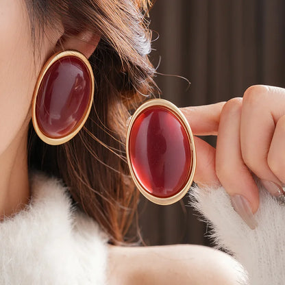 Vintage Red Resin Women's Earrings Stud Earrings Luxury large Geometric Oval earrings Party Wedding Ear Jewelry