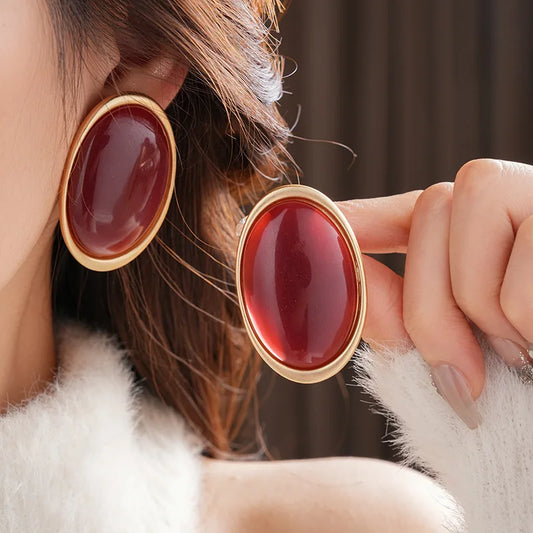 Vintage Red Resin Women's Earrings Stud Earrings Luxury large Geometric Oval earrings Party Wedding Ear Jewelry