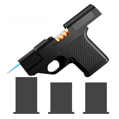 Gun-shaped lighter with 3 cigarette cases, dark blue flame gas lighter, windproof cigar lighter,suitable for Christmas,Hallow