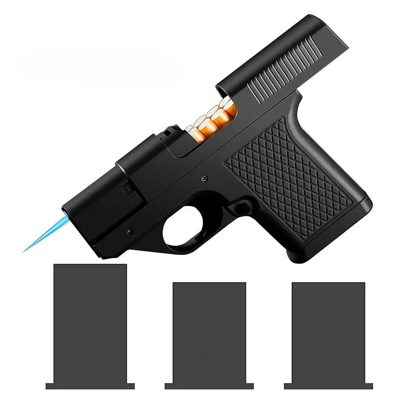 Gun-shaped lighter with 3 cigarette cases, dark blue flame gas lighter, windproof cigar lighter,suitable for Christmas,Hallow
