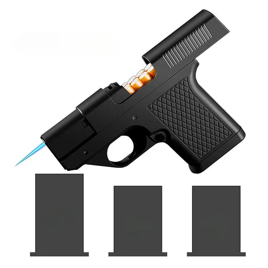 Gun-shaped lighter with 3 cigarette cases, dark blue flame gas lighter, windproof cigar lighter,suitable for Christmas,Hallow