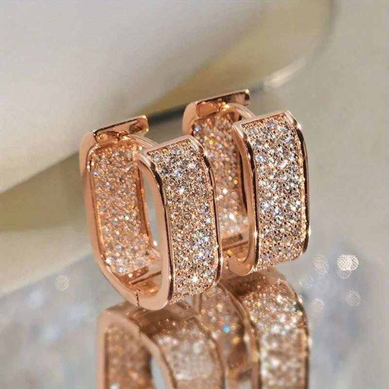 Luxury Full of Zircon Shiny Geometric Square Hoop Earrings for Women Temperament Gold Color Stainless Steel Korea Jewelry Gif