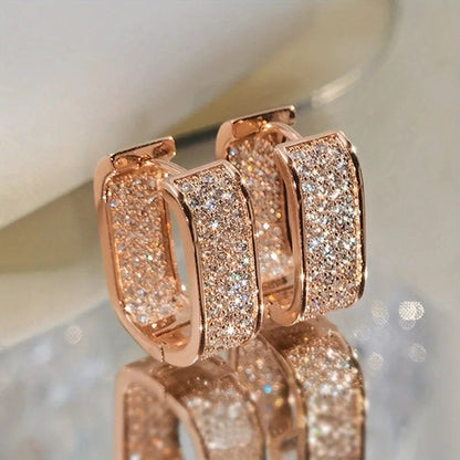 Luxury Full of Zircon Shiny Geometric Square Hoop Earrings for Women Temperament Gold Color Stainless Steel Korea Jewelry Gif