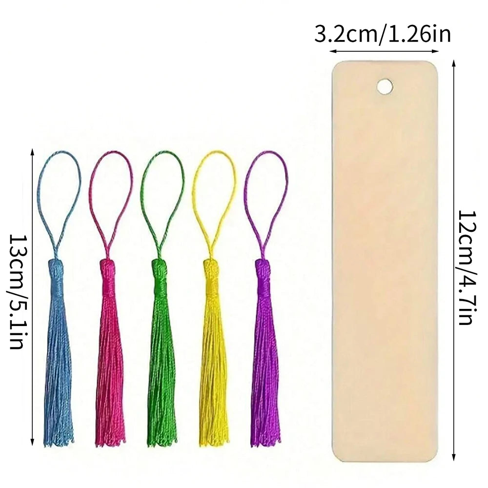 10/30/50/70Pcs Wooden Blank Bookmarks with Tassels Set DIY Wooden Craft Bookmarks Square Tag Wedding Birthday Party Decor