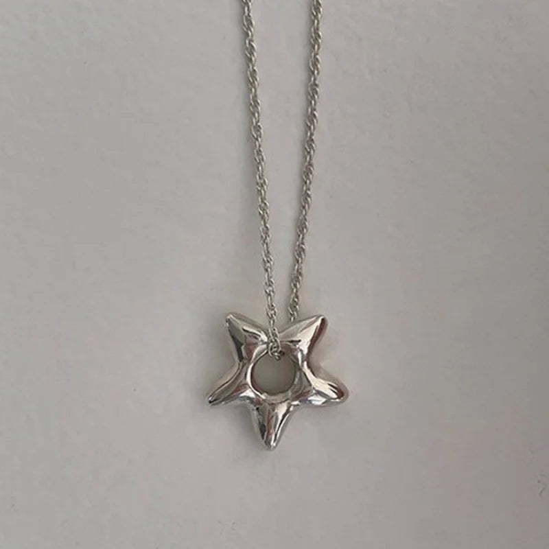 Simple Trendy Star Hollow Choker Necklace Pendant Neck Jewelry Accessories Women Men's Fashion Party Chain Necklace - Silver 