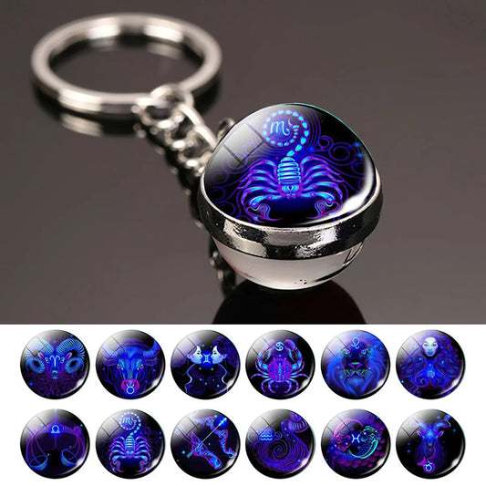 12 Constellation Key Chain Luminous Double Sided Glass Ball Pendant 12 Zodiac Key Chain Fashion Birthday Gift for Men and Wom