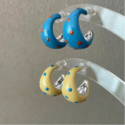 Sweet Colorful Polka Dot Enamel Geometric C-Shaped Hoop Earrings for Women Minimalist Korean Style Fashion Design Party Jewel