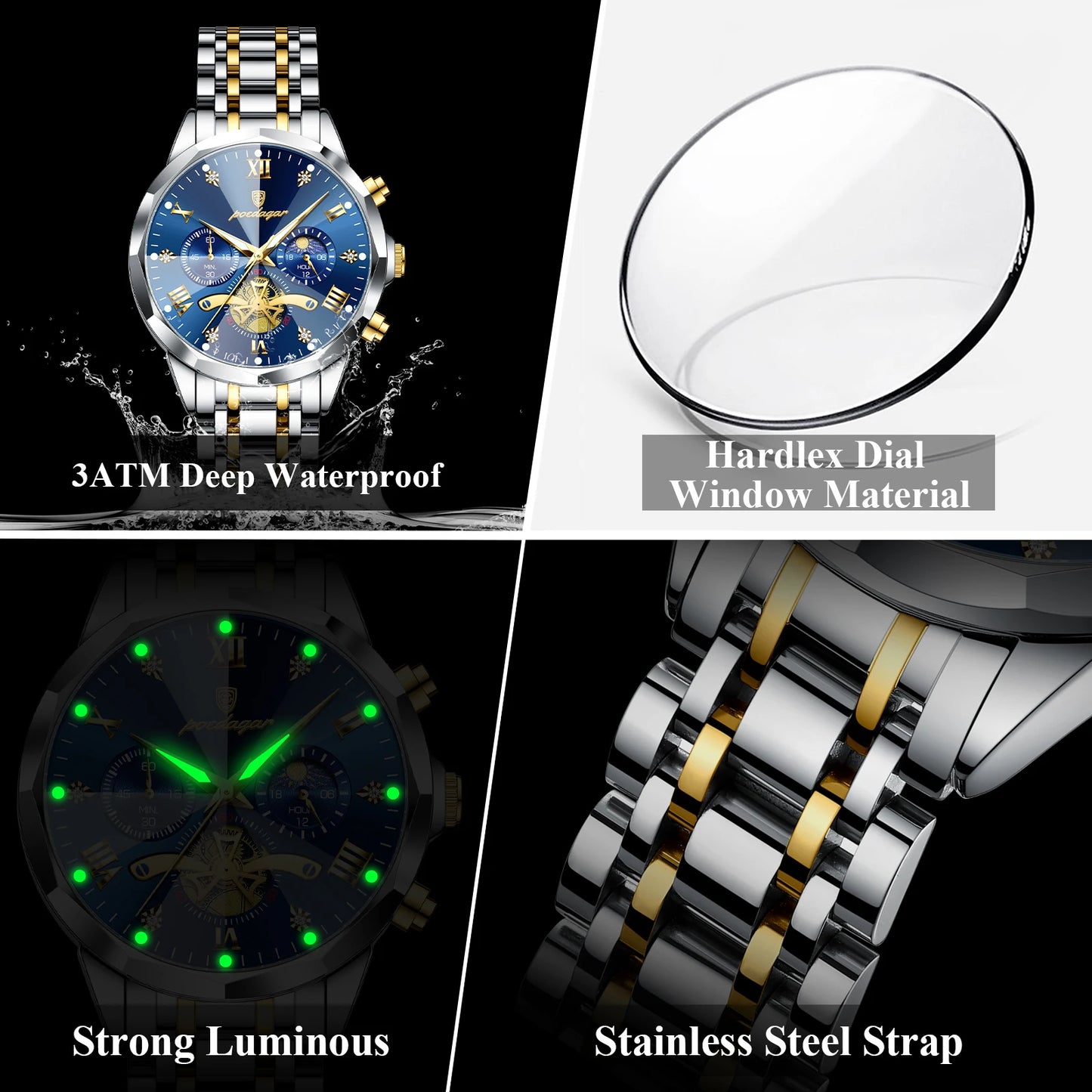 POEDAGAR Luxury Men Watch Top Original Waterproof Luminous Chronograph Man Wristwatch Stainless Steel Quartz Men's Watches Re