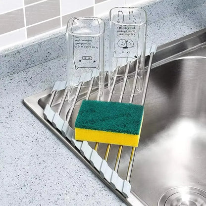 Roll Up Triangle Dish Drying Rack Kitchen Sink Organizer Corner Over the Sink Sponge Rag Holder Foldable Stainless Steel Drai