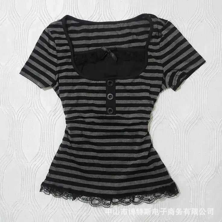 Vintage Slim Lace T-shirt Solid Color Casual Pattern Commuter High Street Fashion Y2K Cropped Top Trash Punk Hop Women's T-sh
