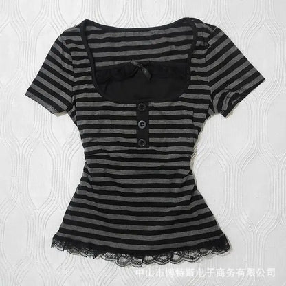 Vintage Slim Lace T-shirt Solid Color Casual Pattern Commuter High Street Fashion Y2K Cropped Top Trash Punk Hop Women's T-sh