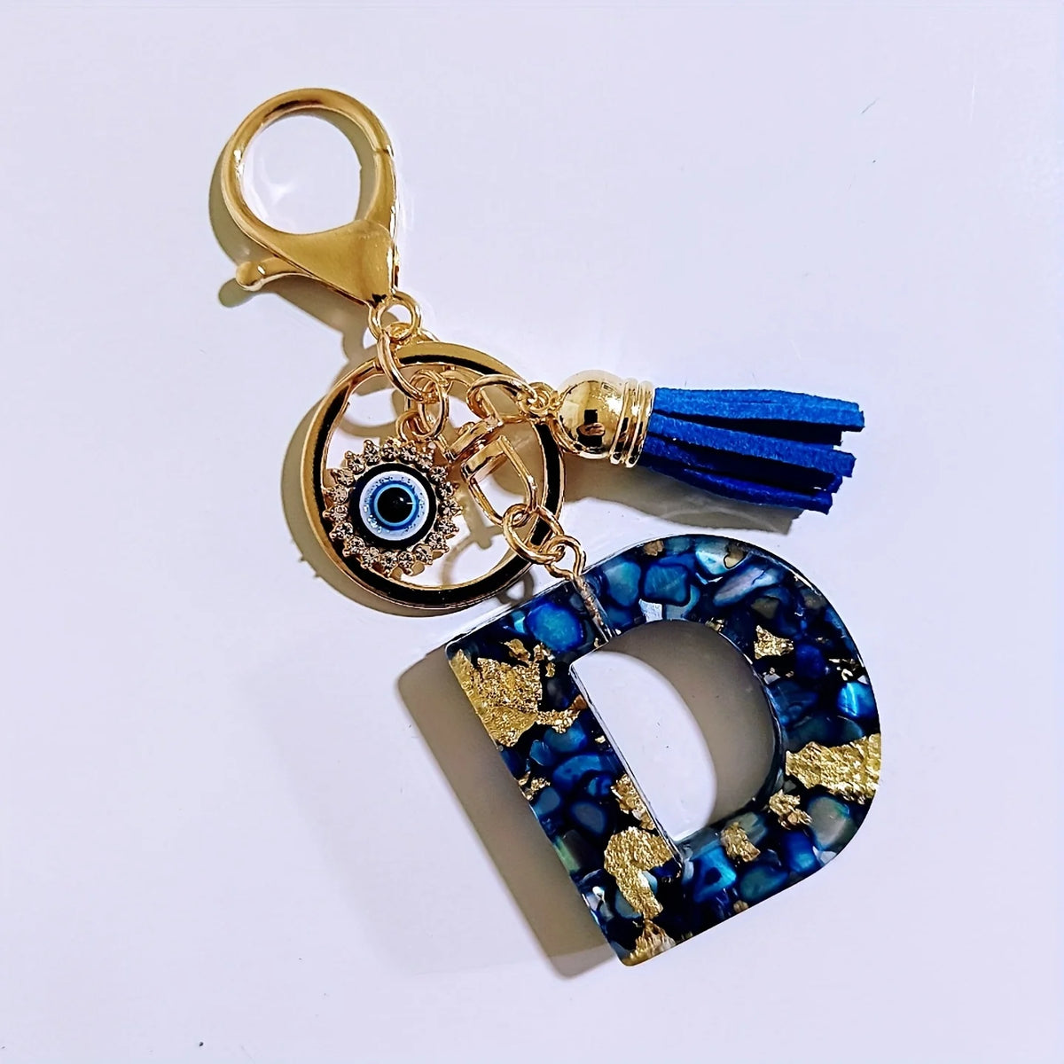 Blue Resin Initial Keychain - Evil Eye Letter Charm with Rhinestones & Tassel, Stylish Gift for Women, Lobster Clasp Accessor