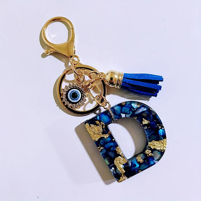 Blue Resin Initial Keychain - Evil Eye Letter Charm with Rhinestones & Tassel, Stylish Gift for Women, Lobster Clasp Accessor