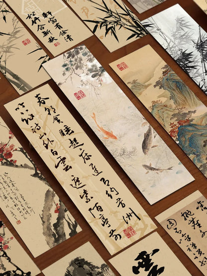 30pcs Chinese calligraphy and painting bookmarks Classical ink painting poetry decoration Reading pages Book marking page fol