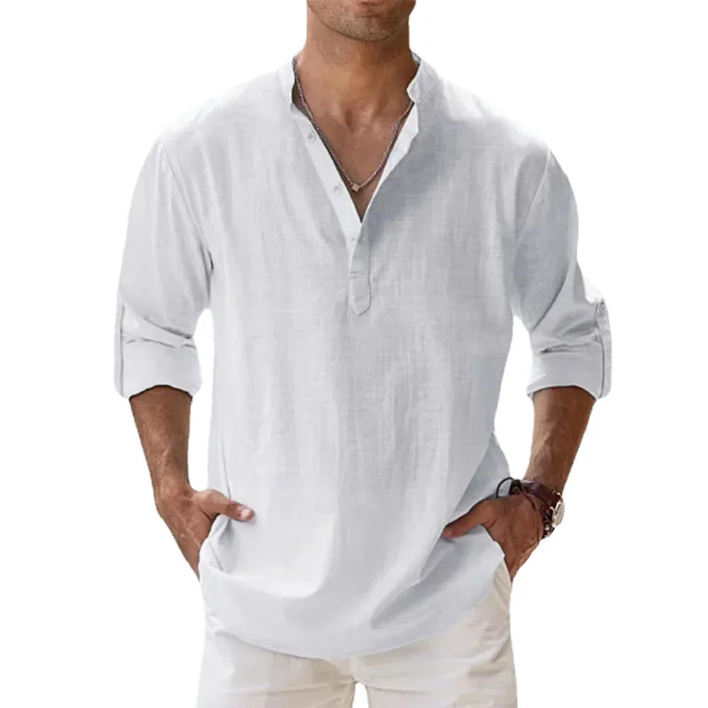 Cotton Linen Men's Long Sleeve Shirts Summer Solid Color Henley Collar Casual Beach Style Hawaiian Vacation