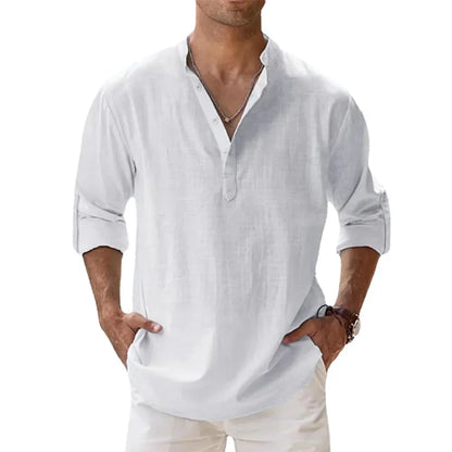 Cotton Linen Men's Long Sleeve Shirts Summer Solid Color Henley Collar Casual Beach Style Hawaiian Vacation