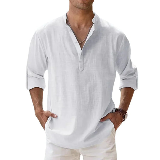 Cotton Linen Men's Long Sleeve Shirts Summer Solid Color Henley Collar Casual Beach Style Hawaiian Vacation