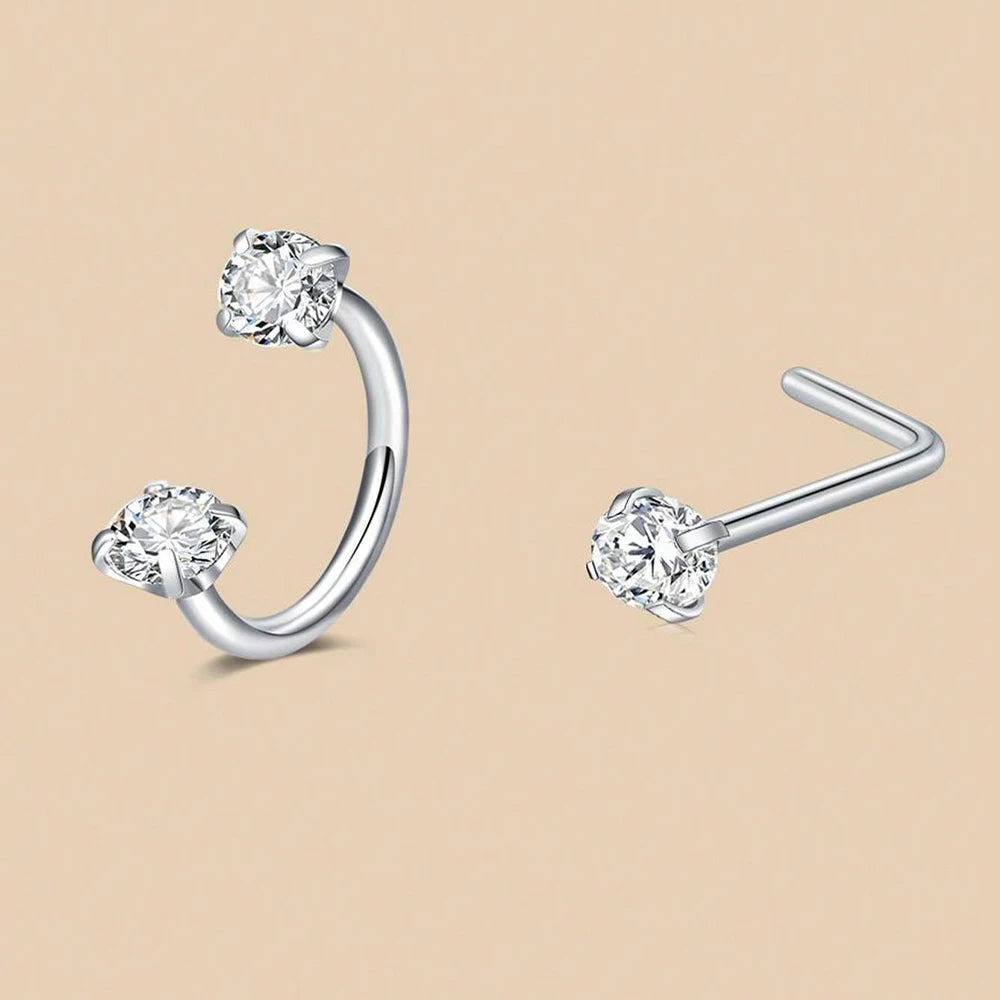6/2pcs Horseshoe Nose Rings With L-Shape Nose Stud, Stainless Steel Rianbow CZ Nose Ring,, Lip Eyebrow Helix Ear Piercing - 2
