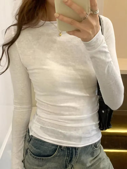 Spring Autumn T shirt Women Tops Solid Slim Fit Long Sleeve O Neck Tshirts Female Casual Streetwear Base Tees
