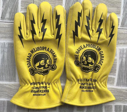 Vintage Skull Print Leather Motorcycle Gloves Multi-Purpose for Gardening Camping Riding Outdoor Use Cowhide Leather Work Glo