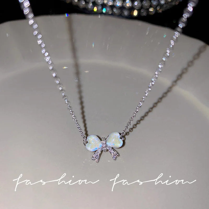 Y2K Crystal Bow Angel Wings Heart Pendant Necklace For Women Sweet Cool Girl Clavicle Chain Trendy Aesthetic Jewelry Accessor