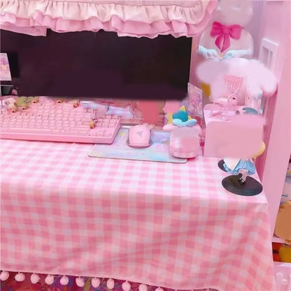 Cute Kawaii Girls Hot Pink Tablecloth Rectangular Cotton Wallpaper Mat Plaid Desk Cloth Room Decoration