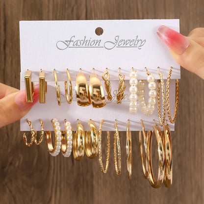 24 Pcs Vintage Silver Color Y2K Pearl Earrings for Women Geometry Round Circle Square Hoop Earring Set Fashion Female Jewelry