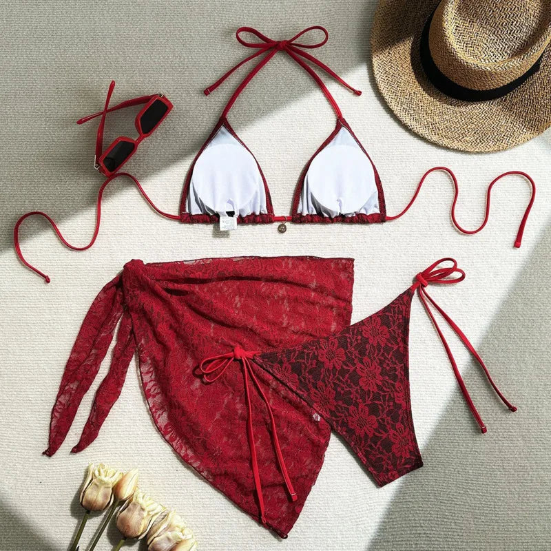 Lace Sexy Bikinis Female Swimsuits Women Three-Piece Swimwear Beach Swimming Wear Bathing Suits Brazilian Bikini Set Pool Bat