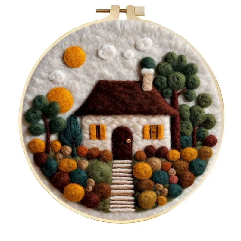 PhotoCustom Diy Felting Kit Wool Felting Painting With Complete Kit House Landscape Wool Needle Felt Picture Kit Felt Craft N