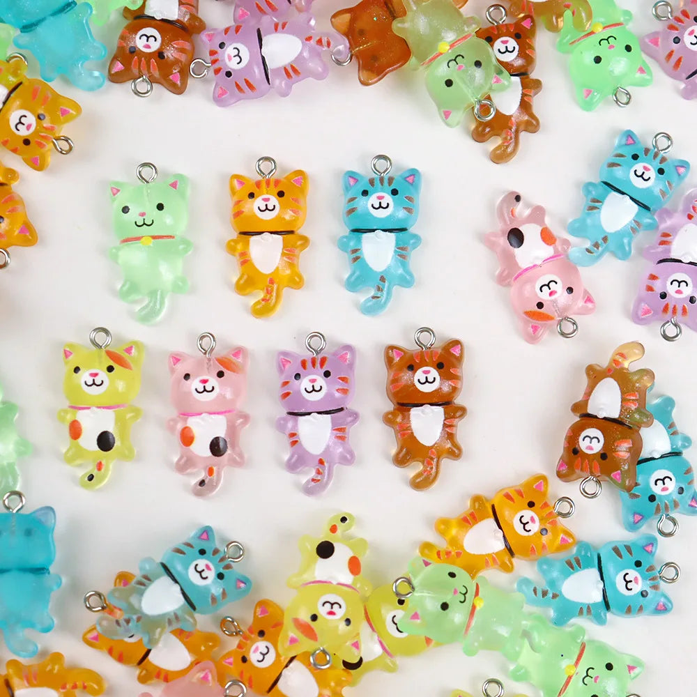 10pcs Mixed Cartoon Cute Cat Design Charms 3D Luminous Resin Animal Pendants For DIY Bracelet Necklace Jewelry Making Accesso
