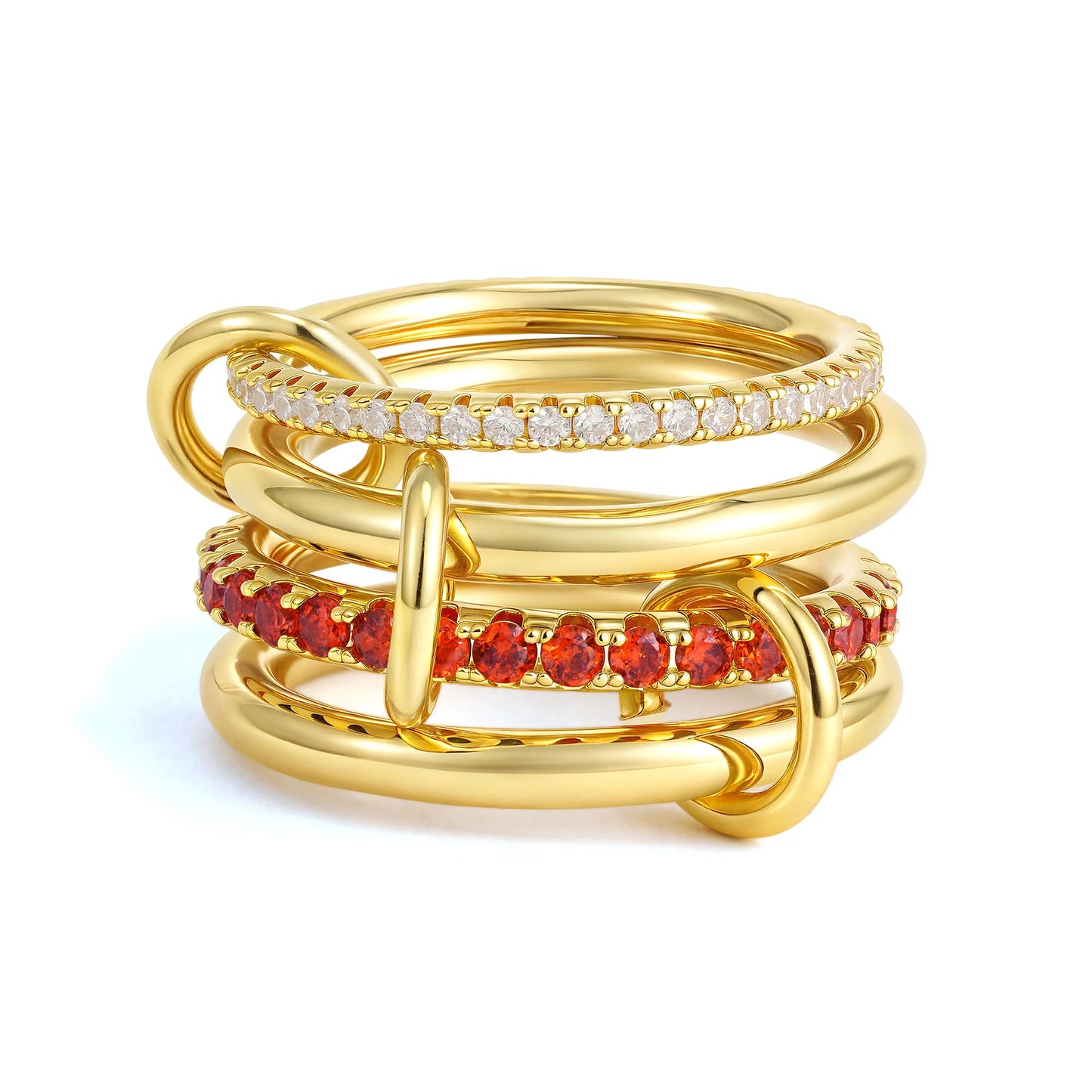 Luxury Cubic Zirconia Gold Plating Multilayer Connecting Rings for Women Fashion Mixed Color Stackable Finger Ring Party Jewe