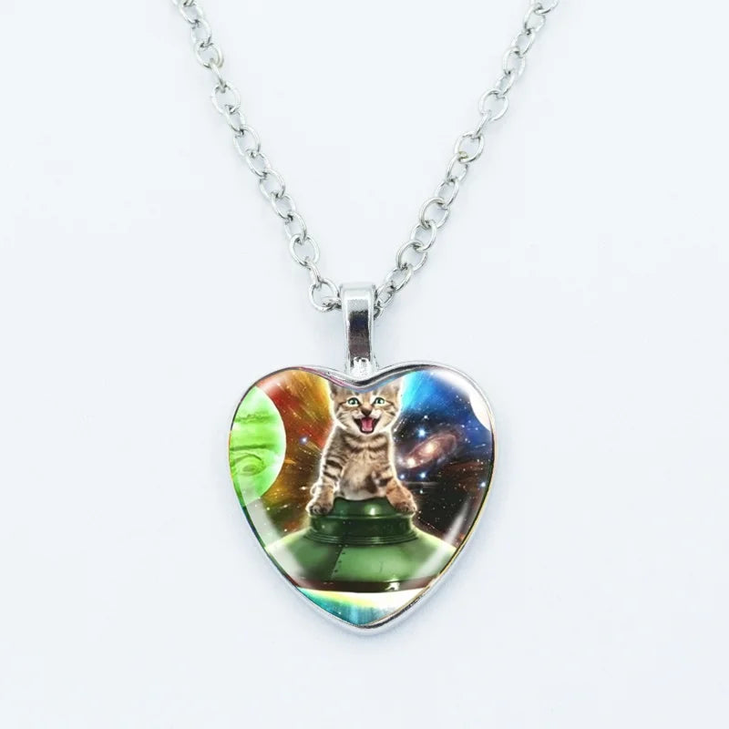 Cute Funny Rainbow Alien Cat Heart Pendant Necklace Animal Shape Art Photo Glass Cabochon Jewelry Children's And Women's - 16