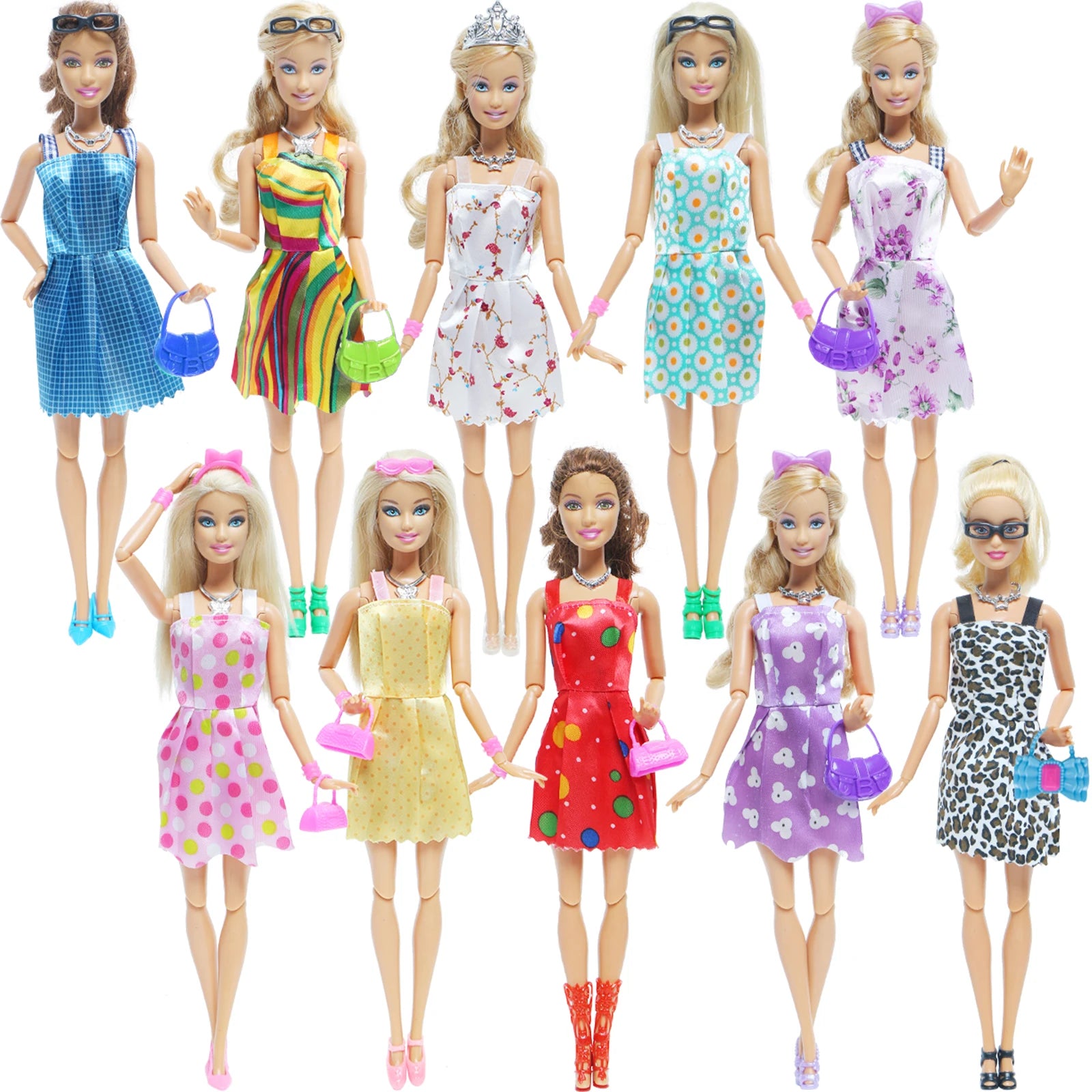 42 Item/Set Doll Accessories = 10Pcs Shoes + 8 Necklace 4 Glasses 2 Crowns 2 Handbags + 8 Pcs Doll Dress Clothes for 1/6 Doll