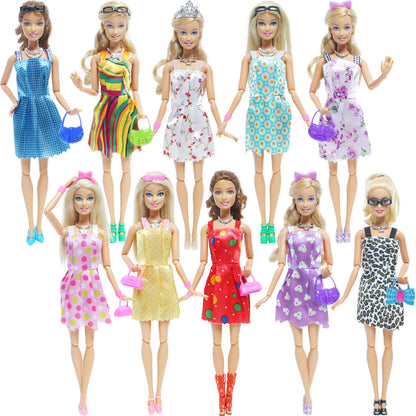 42 Item/Set Doll Accessories = 10Pcs Shoes + 8 Necklace 4 Glasses 2 Crowns 2 Handbags + 8 Pcs Doll Dress Clothes for 1/6 Doll