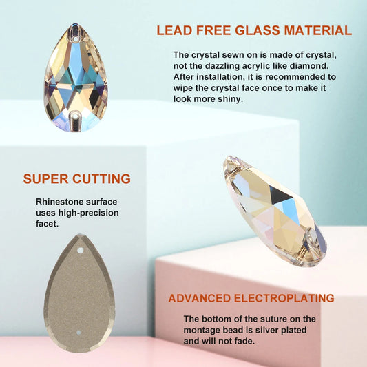 YHB Drop Moonlight Glass Lt Siam Crystal AB Sewing Stones Flatback Sew on Rhinestones For Garment Clothes Bags