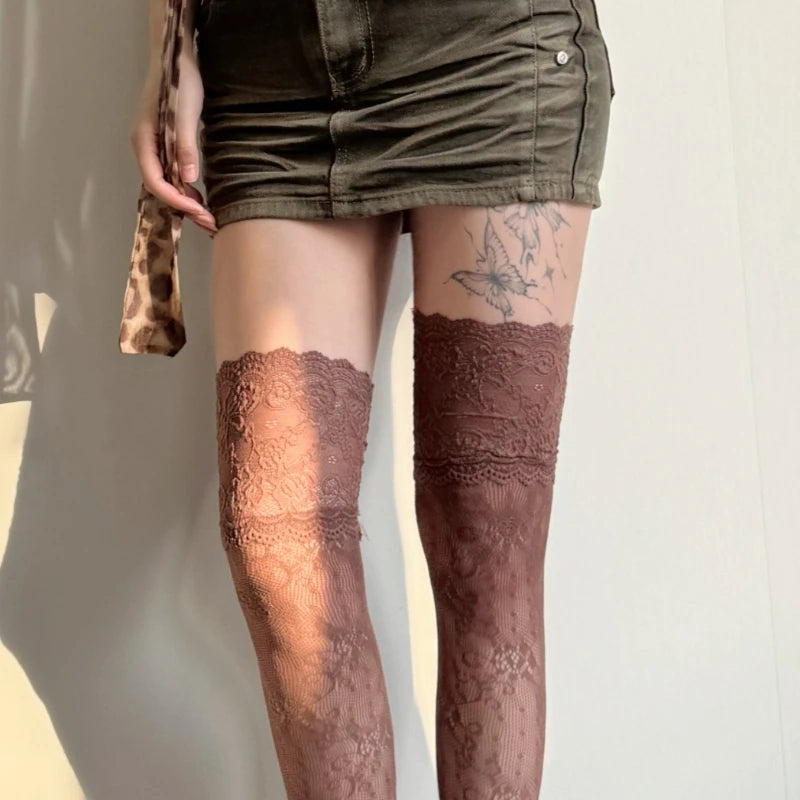 Women's Sexy Lace Floral Fishnet Stockings Costumes JK Lolita Thigh High Socks Nylon Mesh Breathable Over The Knee Stockings 