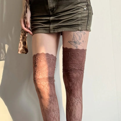 Women's Sexy Lace Floral Fishnet Stockings Costumes JK Lolita Thigh High Socks Nylon Mesh Breathable Over The Knee Stockings 