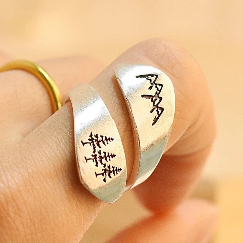 New Simple Trendy Women's Ring Green Tree Forest Mountain Brushed Wedding Ring Women's Party Jewelry Creative Open RingWholes