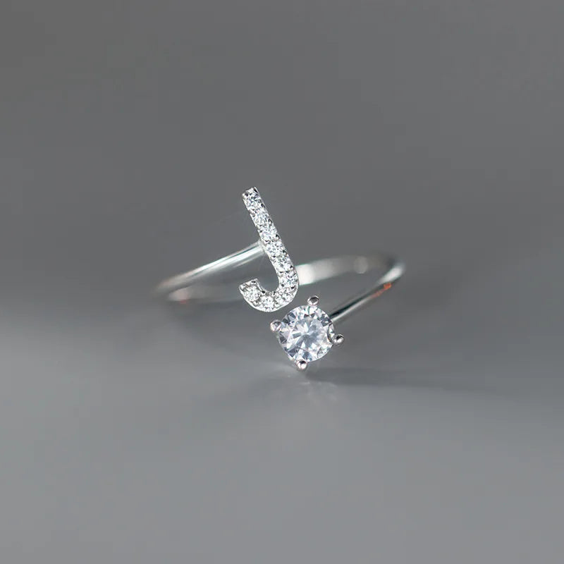 Zircon Initial A-Z Letter Ring For Women Metal Adjustable Opening Ring Name Alphabet Female Wedding Gift Anillos Mujer - J