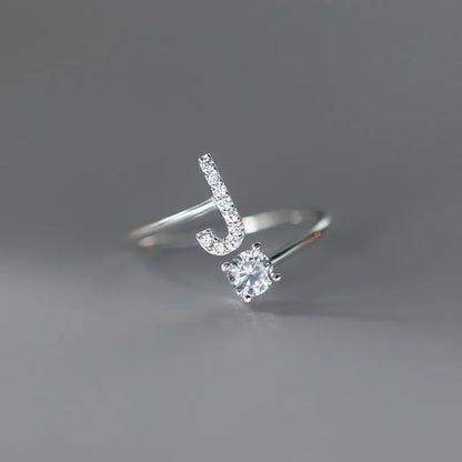 Zircon Initial A-Z Letter Ring For Women Metal Adjustable Opening Ring Name Alphabet Female Wedding Gift Anillos Mujer - J