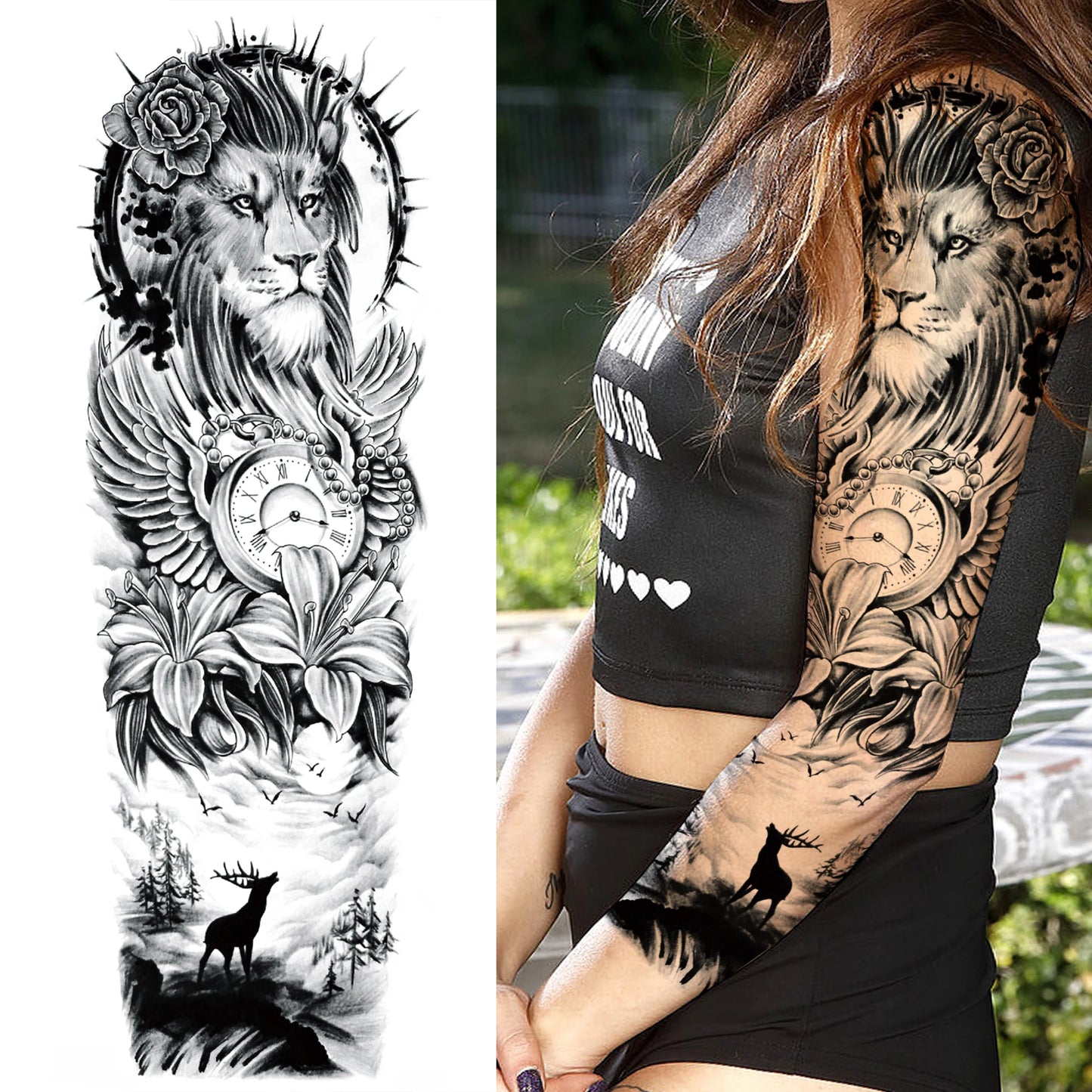 1 Sheets Wolf Lion Tiger Maori Temporary Tattoos For Men Women Adults Full Sleeve Arm Flower Rose Skull Tattoo Sticker Decor 