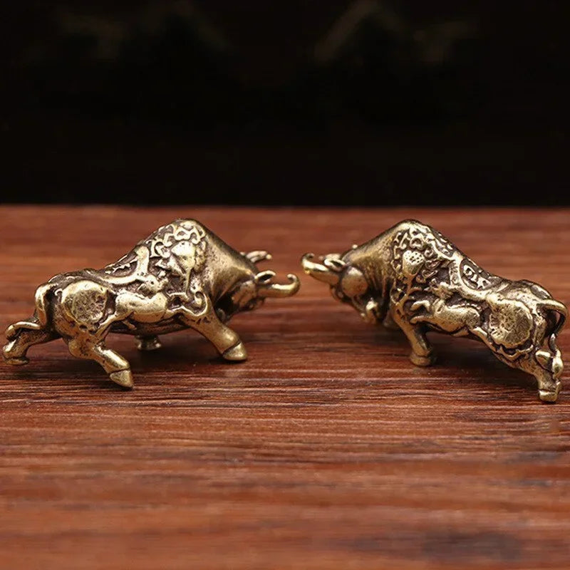Brass Bullfighting Statue, Lucky Copper Animal Figurine, Wealth Bringing Miniature Ornament for Home & Office Desk Decor