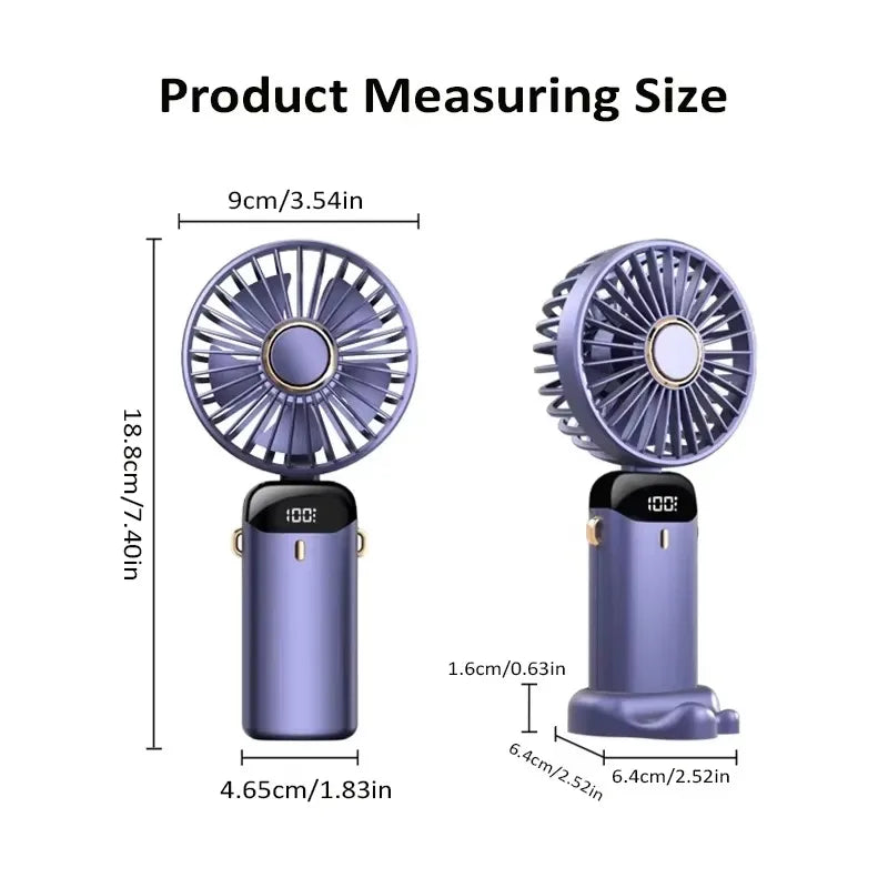 Handheld Mini Fan Foldable Portable Neck Hanging Fans 5 Speed USB Rechargeable Fan with Phone Stand and Display Screen 1800mA