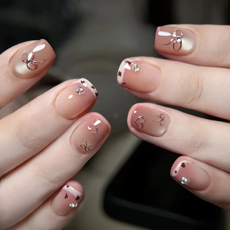 24pcs Detachable Short Press on Nails Y2k rhinestone False Nails with Glue Ballet Sweet Cool Girls Artificial False Nails Tip